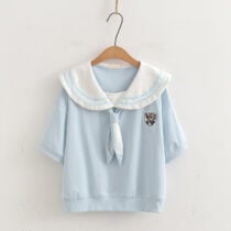 Kawaii Japanese Style Bow Tie Collar Shirt - Blue, L