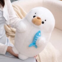 Kawaii Marshmallow Chubby Seal with Fish Plush (40cm) - 40cm, seal