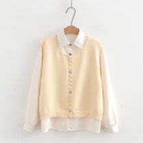 Kawaii Pastel Multi-button Knitted Vest Cardigan Set - Yellow, One Size