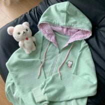 Kawaii Harajuku Cat Pastel Zipper Sweater - Limited Edition - Green, XL