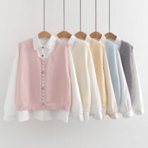 Kawaii Pastel Multi-button Knitted Vest Cardigan Set